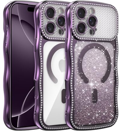 UCASONG for iPhone 15 Pro Max (6.7) Magnetic Wave Frame Case, Purple | Compatible with MagSafe, Sparkly Rhinestone Gradient Glitter Card, Aesthetic Wavy Case, Soft TPU Shockproof Protective Cover