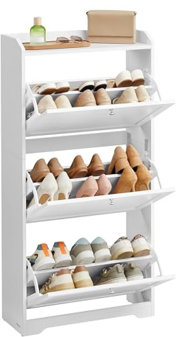 VASAGLE Shoe Cabinet with 3 Flip Drawers, Shoe Organizer, Adjustable and Removable Dividers, Holds 12-20 Pairs, Entryway, 9.4 x 23.6 x 47.7 Inches, Cloud White ULBC036WB02S