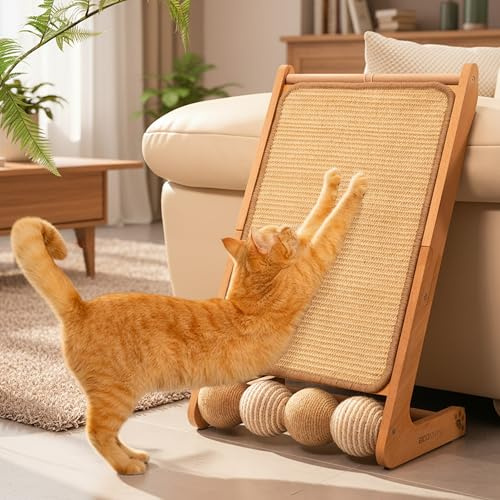 Cheerpals Kratzbrett Katze Groß - L-Förmiges Kratzmöbel aus Holz & Sisal mit Spielball - Keine Pappschnipsel - Stabiler Kratzbaum Möbelschutz für Sofa & Wand - 61,5x37x31 cm