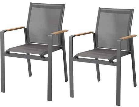AXI Alva Gartenstuhl Set 2 Stück in Anthrazit | Gartenstühle für Gartentisch aus Aluminium/Teakholz - Sling Sitzfläche und Rückenlehne | Stuhl Wetterfest für Garten/Draußen - bis zu 120 kg belastbar