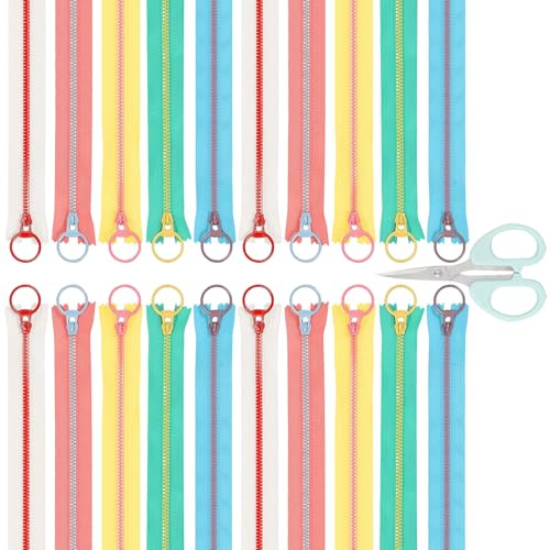 poraceous 20 Pezzi Chiusure Lampo Colorata, 30cm Cerniere in Resina, Cerniera Lampo con Forbici, Zip Colorate con Anelli Metallici, per Sartoria, Cucito, Artigianato, Abbigliamento