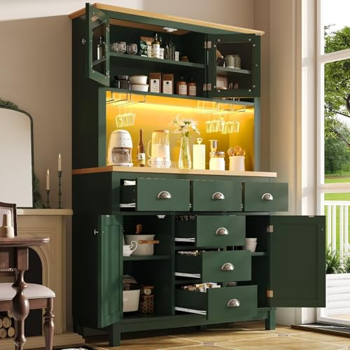 DRIXNO Kitchen Pantry Cabinet with LED Lights, Large Storage Buffet Sideboard with Drawers & Glass Doors, 104x40x180cm Modern Storage Unit for Dining Room Living Room, Green
