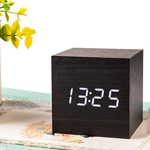 dongzhifeng Sveglia digitale sveglie Sistema di alimentazione da comodino orologio in legno cubico sveglia da tavolo con LED controllo del suono Schermo nero