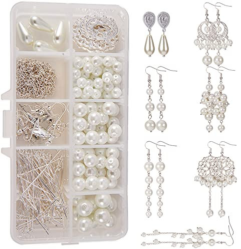 SUNNYCLUE 1 Box DIY 8 Paar Weiße Perlen Tropfen Baumeln Lange Ohrringe Starter Kit Perlen Kugel Schmuckzubehör Bastelset Für Anfänger Frauen