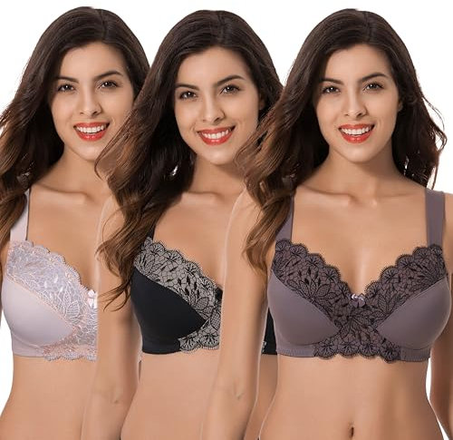 Curve Muse Taglia Grossa Reggiseni Senza Fili sfoderati Minimizer con Pizzo Ricamato-3 Confezioni-Rosa,Nero,Grogio-9D