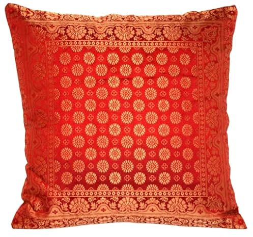 Ruwado Handgewebt und Handgefertigt Indische Banarasi Seide Dekokissen, Kissenüberzug, Kissenhülle, Kissenbezug, Zierkissenbezug - Blumen Muster 40 x 40 cm | 16 x 16 Zoll, Rot-Rost.