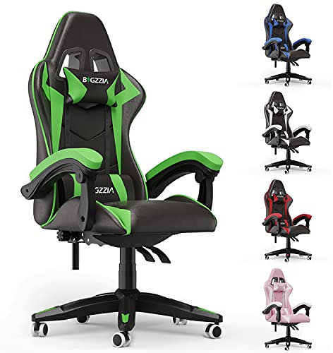 bigzzia Silla Gaming,Silla Ergonómica de Oficina en Cuero PU,Regulable en Altura con Soporte Lumbar y Reposacabezas,Respaldo Reclinable 155°,Silla Gamer Adulto Niño(Verde)