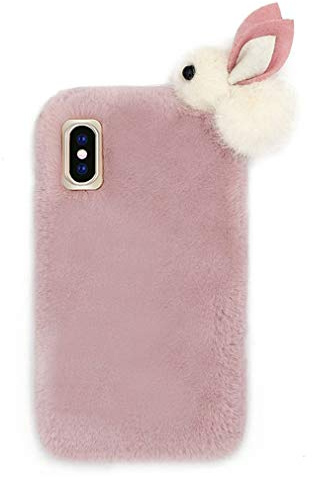 AQUYY Cartoon Hasen Plüsch Handyhülle für iPhone 6/ iPhone 6S, Mädchen Süße Silikon All-Inclusive Schutzhülle, Warme Weich Flauschige Kaninchen Fallschutz Hülle Case, Pink