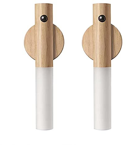 VOMI LED Hölzerne Wandleuchte mit Schalter Moderne Innen Wandlampe Glas Bewegungssensor USB Wiederaufladbar Kabellos Nachtlicht Batteriebetrieben 3000K für Schlafzimmer Wohnzimmer Flur Treppen,2pack