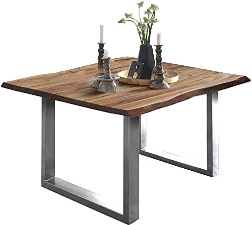 SAM Baumkantentisch 90x90 cm Mephisto, Akazienholz massiv + naturfarben lackiert, Esstisch mit Edelstahl U-Gestell gebürstet, Esszimmertisch/Holztisch, Tischplatte 26 mm