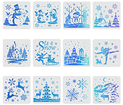 FINGERINSPIRE 12 Stück Weihnachts Schablonen Zeichnung Malerei Schablonen Sets 30x30cm Schneemann Hirsch Berg Schnee Schablonen DIY Kunsthandwerk für Wand Fliesen Böden Stoff Weihnachtsdekoration