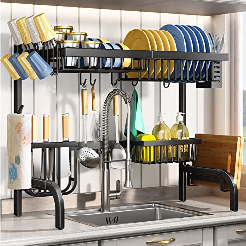 SAYZH Escurridor de Platos, Escurreplatos Encima del Fregadero, Escurridor de Platos Ajustable (de 64,8 CM a 85,1 CM), con Soporte para Utensilios, para Mostrador de Cocina, Inoxidable, Negro