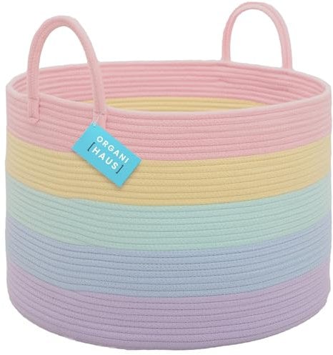 OrganiHaus Regenbogen-Baumwollseil-Aufbewahrungskorb mit Griffen 50x33, Bunte Dekoration zur Aufbewahrung von Kinderspielzeug und zur Organisation, Schmutziger Wäschekorb, Spielzeug-Organizer-Korb