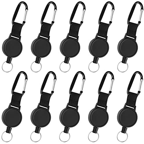 KUUQA Paquete de 10 llaveros retráctiles de alta resistencia Insignias Clip de carrete con cuerda de alambre de acero de 65 cm / 25 pulgadas, negro (10)