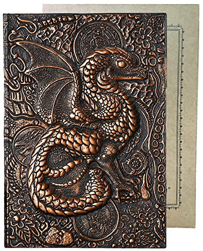YHH Notizbuch din A5 Liniert, Vintage Leder Tagebuch, 200 Seiten, Geprägte, Hardcover, Zeichenbänder, Reisetagebuch Notebook Geschenk für Männer Erwachsene Mädchen Jungen Kinder, 3Ddrachen Kupfer