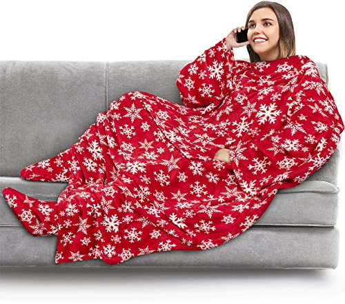PAVILIA Fleecedecke mit Ärmeln und Fußtaschen für Damen, Herren, Erwachsene, tragbare Decke, Überwurf, warm, gemütlich, Schlafdecke mit Füßen, Geschenk für Frauen und Mütter (Schneeflockenrot)