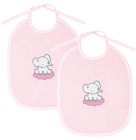 Lashuma Kinder Lätzchen Set 2 teilig, rosa Babylatze für Mädchen 25x30 cm, Frottee Lätzchen mit Stick: Elefant