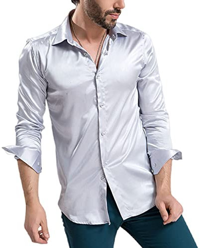 PECHEMO Herren Luxus glänzende Seide wie Satin Langarmhemden für Party Prom Paisleyhemd Reine Farbe Seidenhemden für Herren Hemden Langarm Knopf Lässige Kostüme Leistung Große Größe Hemden