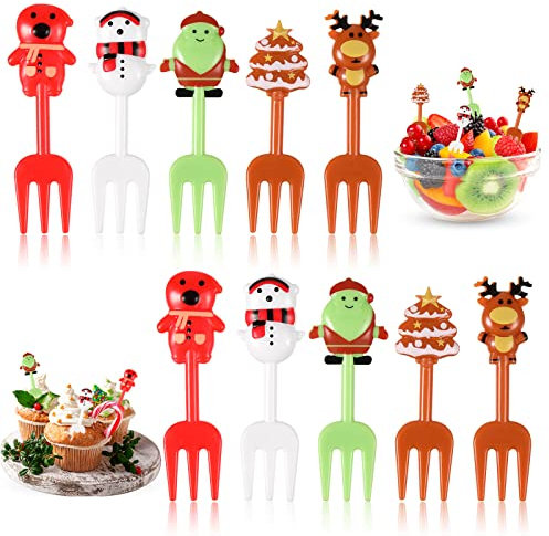 QESSUVNC 10 Stück Food Picks Kinder Wiederverwendbare Obstgabeln Kinder Weihnachtselemente Obstspieße Kinder Plastik Gabeln Bento Box Zubehör Christmas Gabeln Kuchen Snack für Kinder Party
