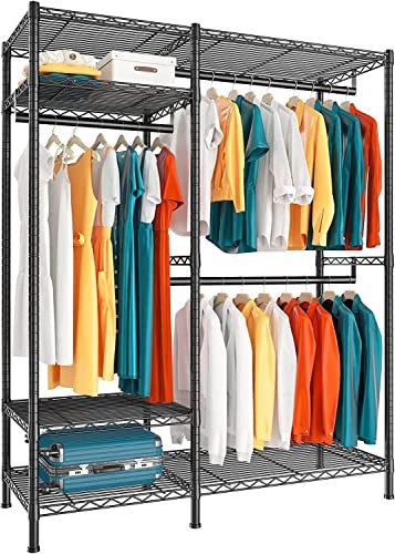 Solerconm Portant à Vêtements, Porte-manteau pour Vêtement Penderie Métallique avec 4 Étagères 3 Barres, Hauteur et Largeur Réglables, Charge Max 290kg，114 * 42 * 194cm，Noir