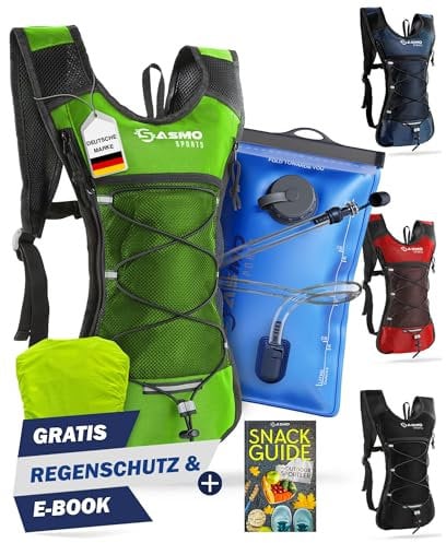 SASMO® Trinkrucksack (Grün) mit Thermofach | Trinkrucksack Laufen - Ultraleicht 300g & 6L | Laufrucksack mit Trinkblase 2l, BPA-Frei | Rucksack mit Trinkblase & Reflektoren | Laufen, Fahrradfahren