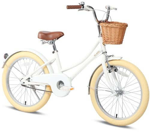 Glerc 20 Zoll Kinder Mädchen Fahrrad für 6 7 8 9 10 Jahre alt kleine Mädchen Retro Vintage-Stil Fahrräder mit Korb Training Räder und Glocke, Weiß