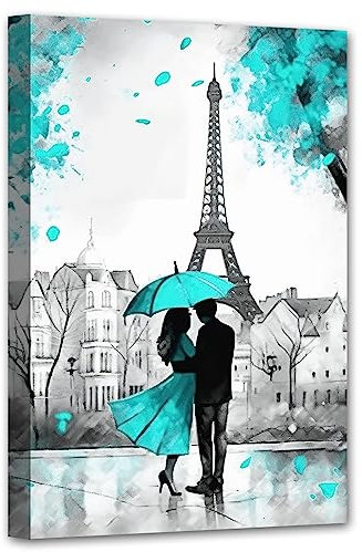LZIMU Paris Bild auf Leinwand schwarz und blaugrün Paar mit Regenschirm Bild Eiffelturm Leinwandbild romantisches modernes Kunstwerk Wanddekoration Gerahmt (60x90cm)