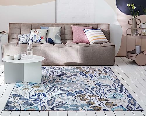 Wecon Home Lilly gewebter Outdoor-Teppich, 200 x 290 cm, blau beige | wetterfester Indoor & Outdoor Teppich mit blumigem Muster ideal für Balkon, Terrasse, Küche, Flur, Wohnmobil