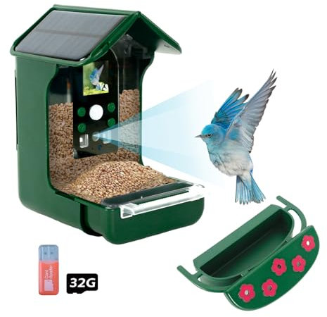 Smart Bird Feeder with Camera, Solar Panel Mini Bird Feeder Camera Wireless Outdoor with PIR Motion Detection, Hummingbird Feeder House 1080p HD Night Vision Auto Capture Photo&Video - 32G Card