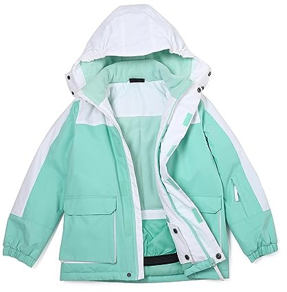 ENDIRAD Mädchen Wasserdicht Winter Schneemantel Kinder Ski Schneejacke für Mädchen Warme Fleece Gefütterte Winterjacke mit Kapuze, grün / weiß, 5-6 Jahre