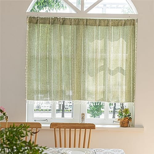 Sutuo Home Grüner Boho-Vorhang, 132 x 45,7 cm, weiß gestreift, Lichtfilterung, kurzer Volant, 1 Paneel, Stickerei, Bohemian, Bauernhaus, Landhaus, Küche, Fensterbehandlung, Dekoration für kleinen
