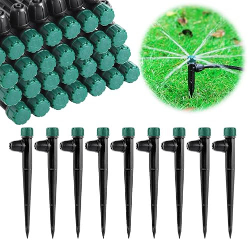 Tropfbewässerungsstrahler für 6,35 mm Tropfschläuche, 14 cm Pfahl mit einstellbaren automatischen Bewässerungstropfen für (4–7 mm) Gartenbewässerungssystem. (100 Stück, 360-Grad-Tropf)