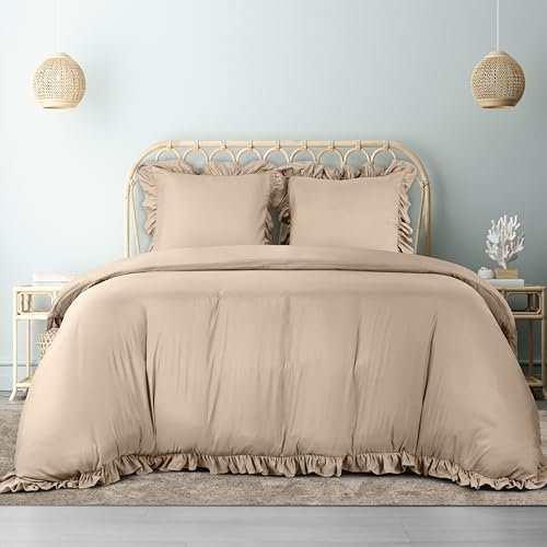 Utopia Bedding Rüsche Bettwäsche 220x240 Set - Mikrofaser Bettbezug 200x200 cm + 2 Kissenbezüge 65x65 cm - Beige