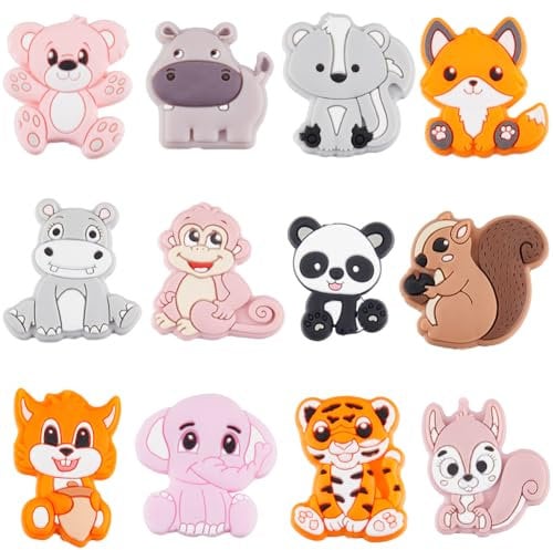SUNNYCLUE 1 boîte de 12 perles en Silicone en Forme D'Animaux en Vrac, Mignonnes Perles Focales en Caoutchouc, Dessin Animé Tigre Panda, Centre Percé, Perles D'Espacement Double Face pour Stylos à Per