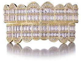Goldzähne Grillz Silber Hip Hop Iced Out Diamant Mund Grills Rapper Kostüm Zähne Grillz Square Pave 8 Zähne Joker Gold Grillz, Medium, Nicht-Edelmetall, Zirkonia