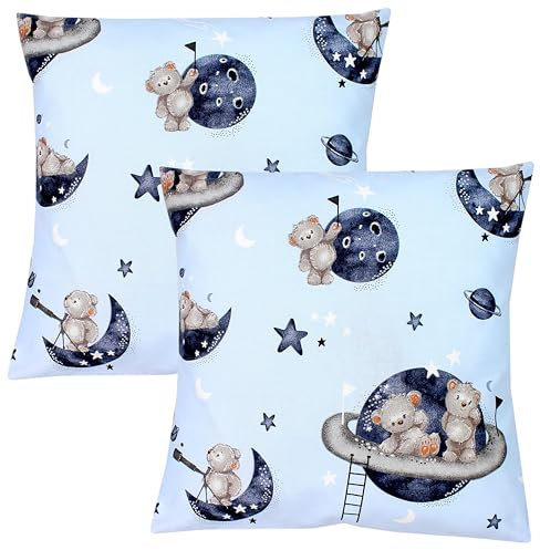 TupTam Kinder Kissenbezug Dekorativ Gemustert mit Hotelverschluss 2er Set, Farbe: Bären im Kosmos/Weiße Sterne/Grau, Größe: 80 x 80 cm