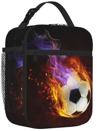 Personalised Boys Insulated Lunch Box with Fire Football Pattern Print, Sports-themed Soccer Lunch Bags with Water Bottle Holder for Adults Kids Teens, Reusable Portable Tote Meal Bags Gifts for Son