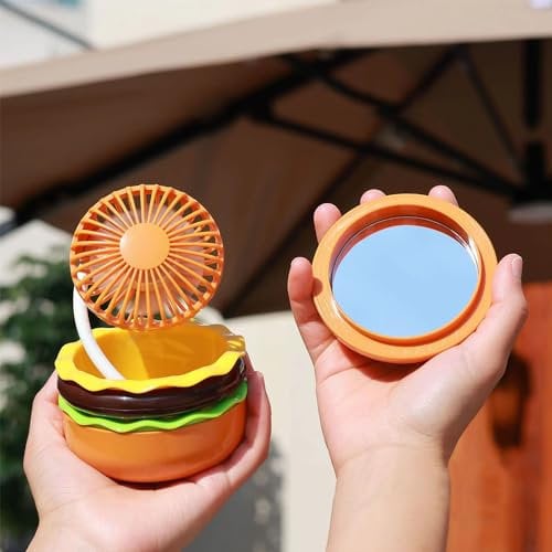 YZYOE Rechargeable Hamburger Mini Fan, Creative Cute Toy Fan with Mirror, 3-Speed Mode, Small Gift for Family and Friends in Summer.