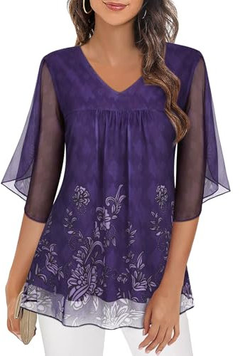 Gemulate Ladies Tops 3/4 Ruffle Sleeve Blouses women dress Tops for wedding guest Womens Summer Blouses V Neck Ruffle Sleeve Shirts Double Layered Mesh Dressy Tunics Top G-Floral Purple XXL