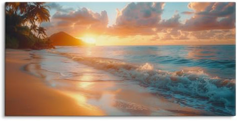 Leinwandbild gerahmt 120x60cm Hawaii Traumstrand Sonnenuntergang Palmen Meer