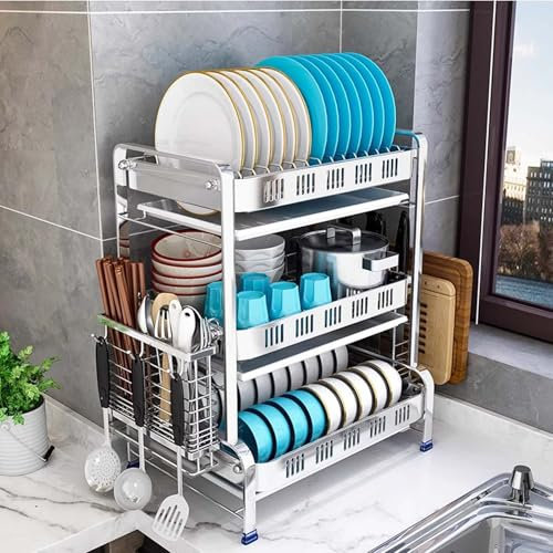 FGYAHOKN Escurreplatos Acero Inoxidable para Mueble De Cocina 41.5x30x55cm, Escurridor De Platos para Fregadero, Escurridor De Trastes 3 Niveles con Soporte para Utensilios