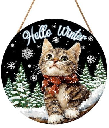Türschild mit Aufschrift Hello Winter Cat, Winterkätzchen, Kiefer, rund, Holzschild, 30,5 x 30,5 cm, Winterdekoration, Katzentürhänger, Weihnachten, Winterkranz, Wandbehang, Willkommensschild für