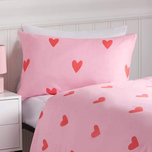 OHS Single Bedding Set Gingham Heart Reversible, Ultra Soft Cosy Fabric Classic Gingham Heart Pattern Luxury Quilt Single Duvet Set with Pillowcase, Coral/Pink