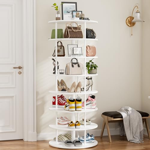 Flycity 360° Drehbares Schuhregal im Vintage-Stil, 7-stöckiger Schuh Und Taschenvitrine Im für Schuhe und Taschen, Platzsparende Vitrine für Garderobe und Eingangsbereiche, Weiß