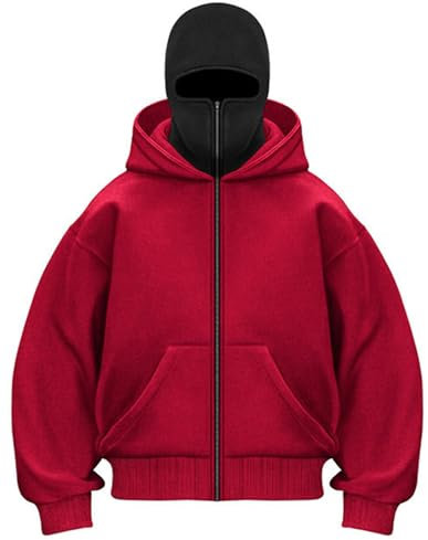PADOLA Cagoule Sweats à Capuche Homme Zippé Pull Grande Taille Balaclava Veste Polaire Hiver Y2K Zip Hoodie Veste mi Saison Chaud Masque Sweat Coupe Vent Moto Vélo Blouson Manteau (XL, Rouge)