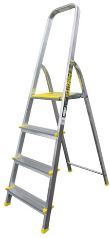 Bayersystem BS-DA4 120 Trittleiter mit 4 Stufen, Aluleiter, bis 120 kg belastbar, max. Arbeitshöhe 2,78 m, Klapptrittleiter mit Handlauf, Anti-Rutsch-Füße, Klapptritt für Haushalt, Silber/Gelb