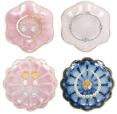 BJBJJIU 4 platos de cerámica para abalorios, platos de joyería, bandeja decorativa, bandeja de cerámica para joyas, plato de joyería, plato de joyería para anillo, plato de llave, regalo para mujeres