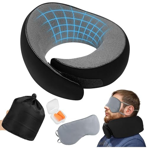 KUOGAS Cuscino da Viaggio & Cuscino Aereo in Memory Foam - Cuscino Cervicale da Viaggio Regolabile - Cuscino Aereo Viaggio con Maschera + Tappi - Cuscino Collo Viaggio per Aereo, Auto (noir)