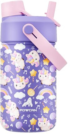 POWCAN Insulated Water Bottle with 2-in-1 Straw and Spout Lid, Keep Cold 24H, Leak-Proof, Fits in Car Cup Holder, Stainless Steel Water Bottle for Sports, School, 355 ml, Unicorn Jam