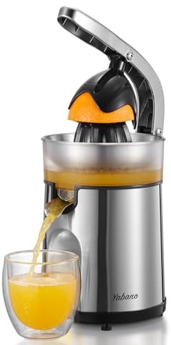 Yabano Elektrische Zitruspresse mit Hebelarm, Edelstahl, 2 Presskegel | Hohe Saftausbeute mit minimalem Kraftaufwand, Für Orangen, Zitronen, Limetten und Grapefruits, Abnehmbare Teile für Reinigung